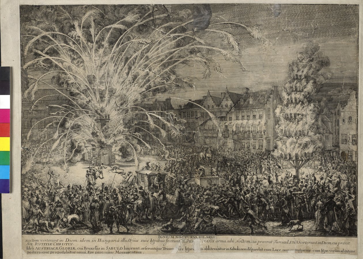 Nachtelijk vuurwerk op de Rue des Sablons in Brussel 1686 door Romeyn de Hooghe