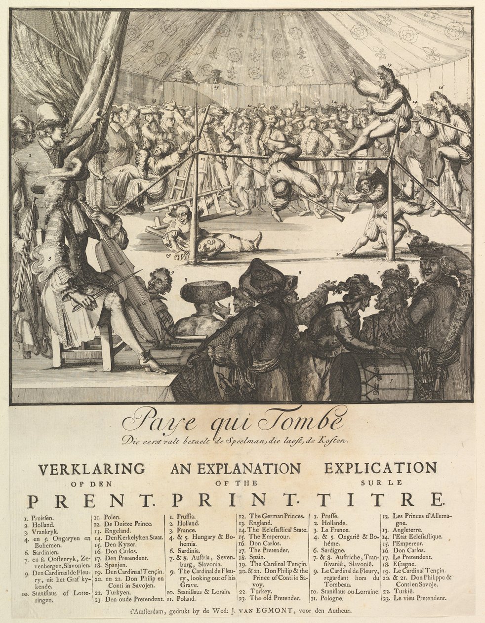 Paye qui Tombe: Die eerst valt betaalt de speelman, die laatst, de kosten The Fall of the .... door Romeyn de Hooghe