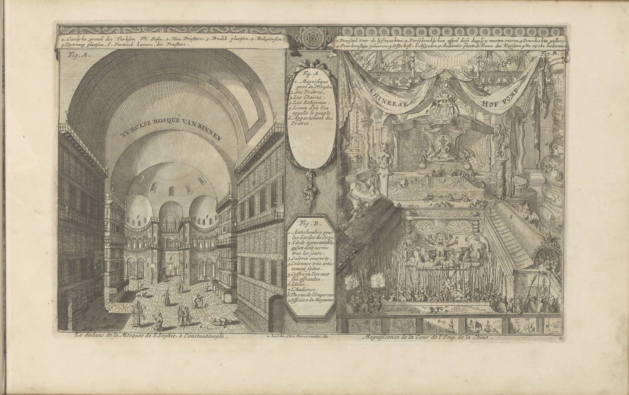 Turkse moskee in Constantinopel; Keizerlijk hof in China door Romeyn de Hooghe