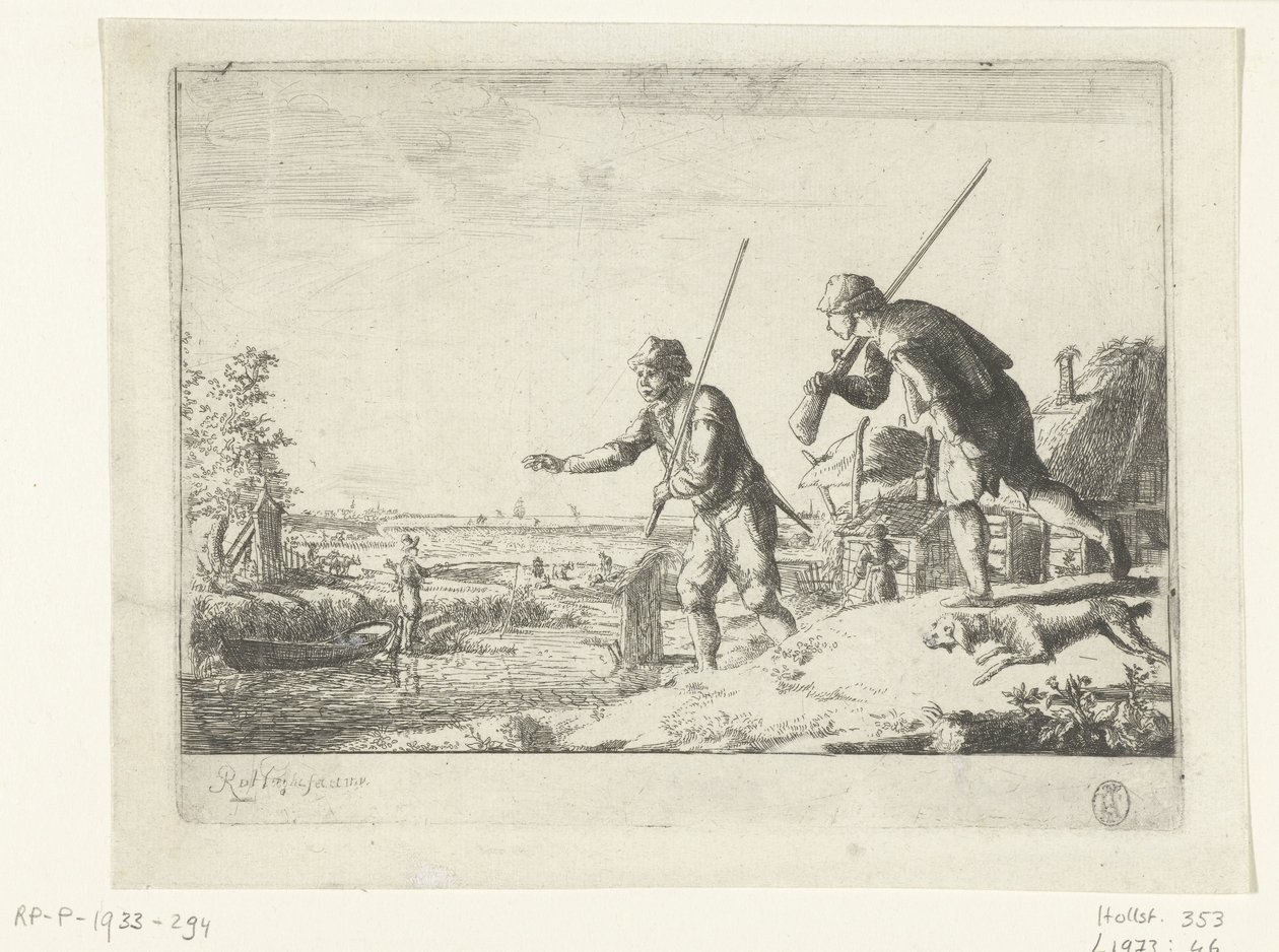 Twee soldaten bij de over van een rivier door Romeyn de Hooghe