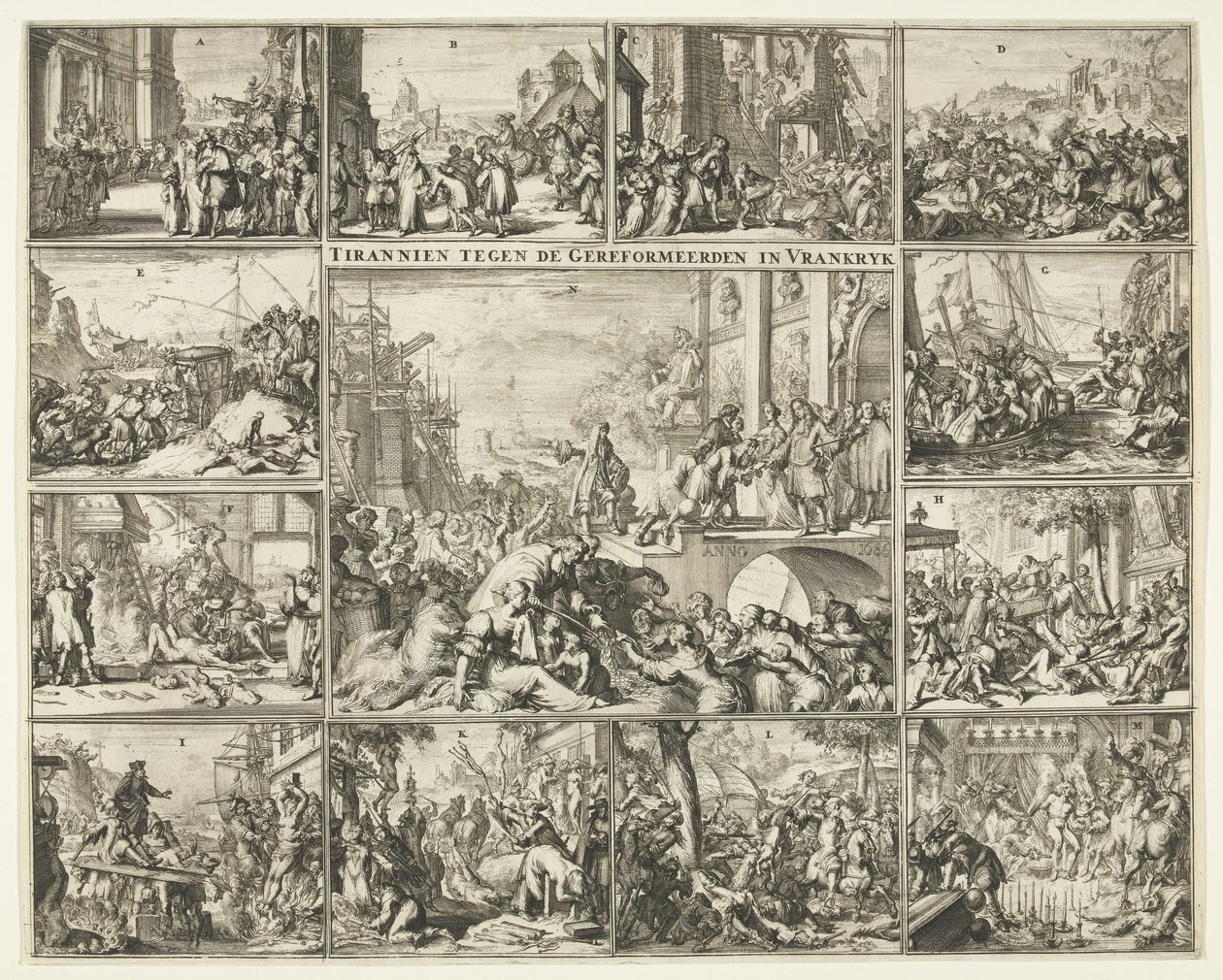 Vervolging der protestanten in Frankrijk na de herroeping van het Edict van Nantes, 1685-1686 door Romeyn de Hooghe