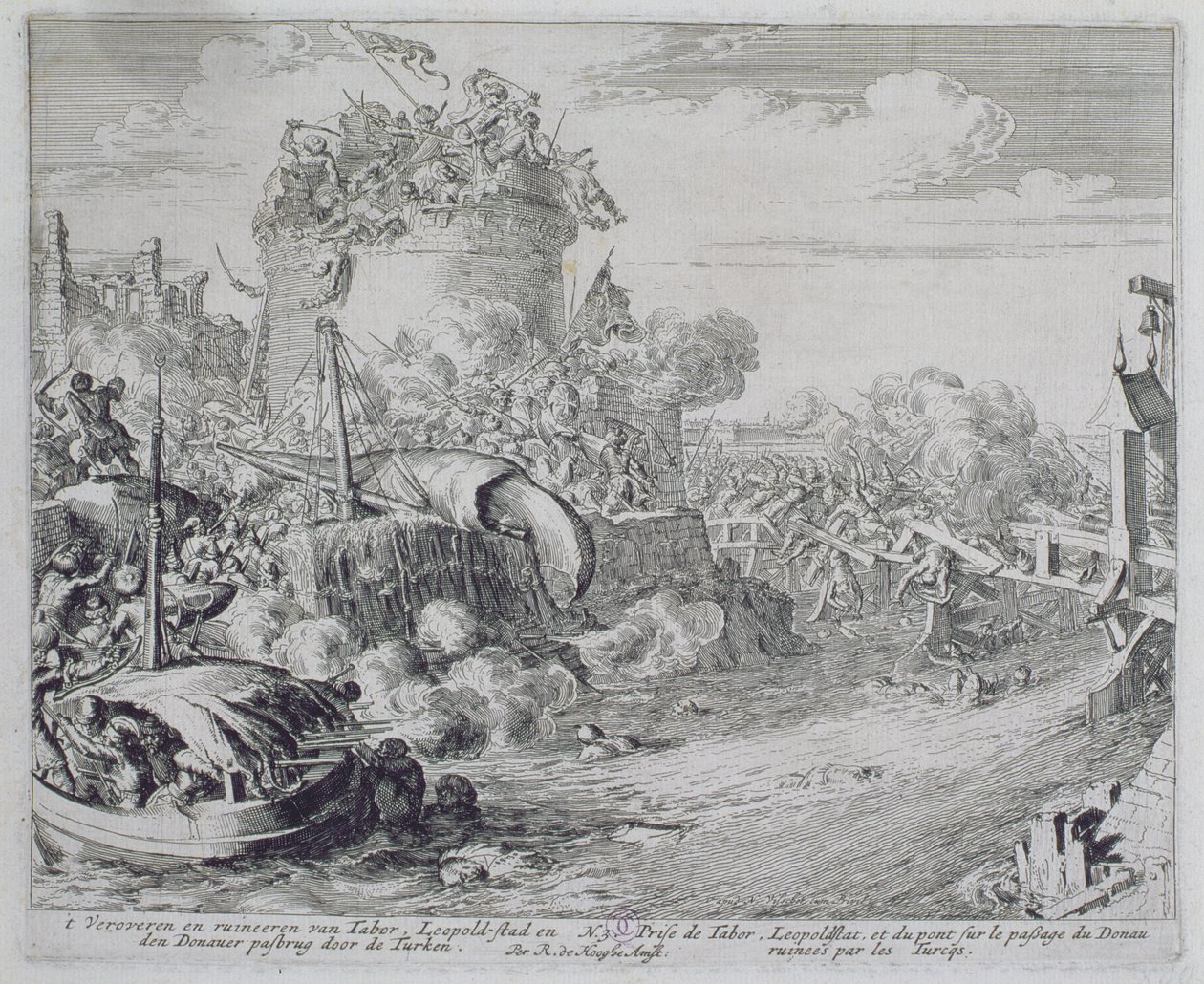 Wenen Print Cyclus, Verovering van Tabor Eiland aan de rand van Leopoldstadt, 1683 door Romeyn de Hooghe