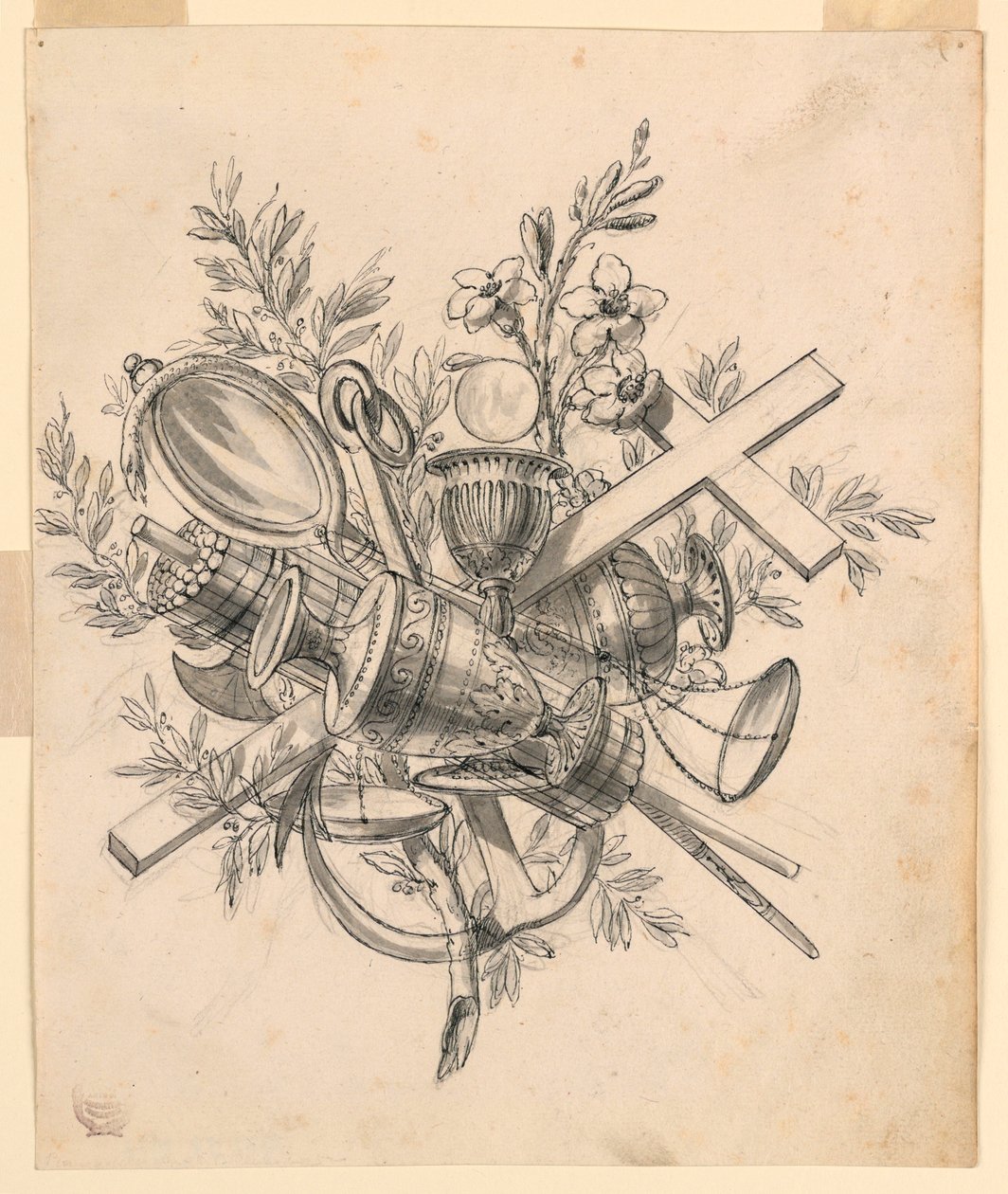 Trofee met symbolen van de deugden, 1830-1850 door Romolo Achille Liverani