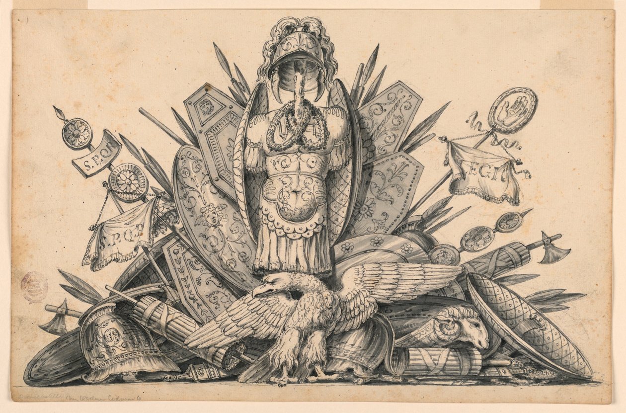 Tekening, Een trofee van wapens bedoeld om te worden uitgevoerd in schilderijen, 1830-1850 door Romolo Achille Liverani