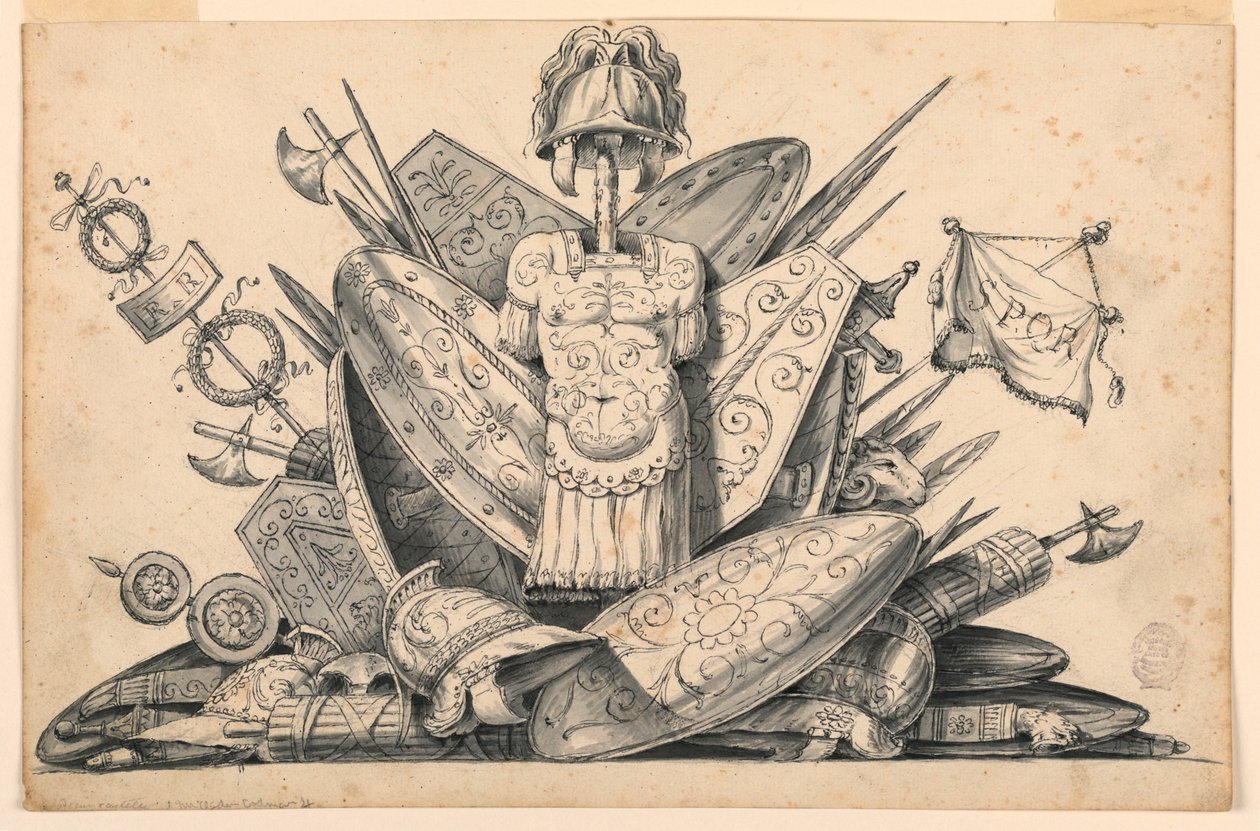 Tekening, Wapentrofee, 1830-1850 door Romolo Achille Liverani