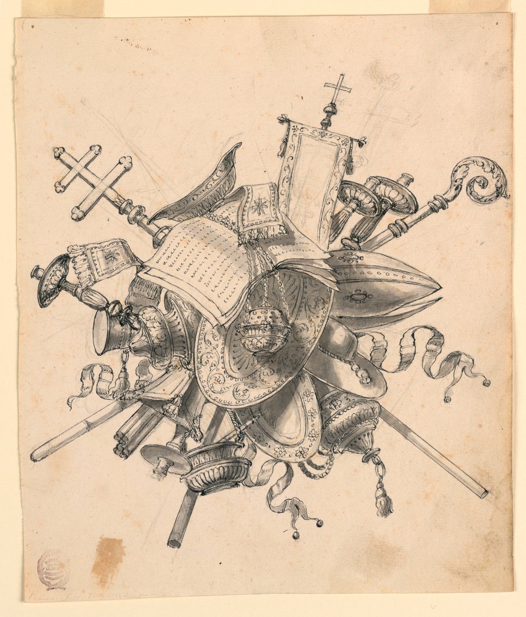 Tekening, Trofee met kerkelijke voorwerpen, 1830-1850 door Romolo Achille Liverani