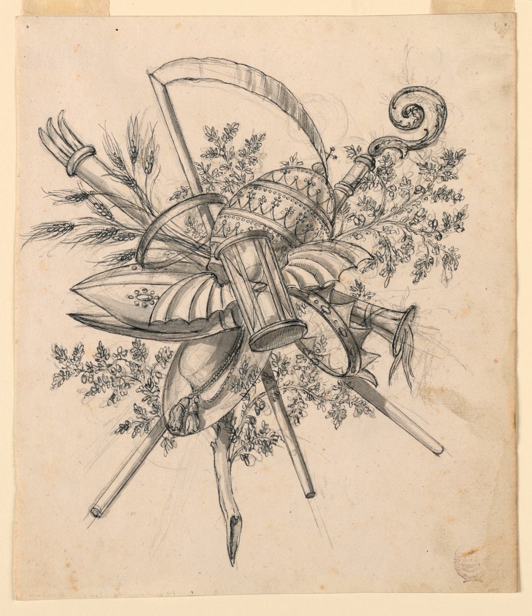 Tekening, Trofee met gevleugelde zandloper, 1830-1850 door Romolo Achille Liverani