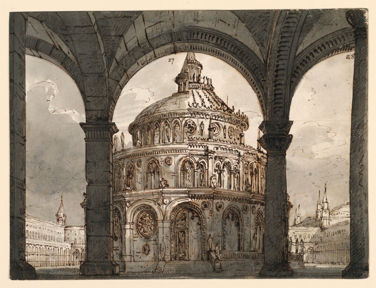 Toneelontwerp, atrium met de tempel van de Hospitaalridders voor de opera "La Straniera" van Vincenzo Bellini door Romolo Achille Liverani