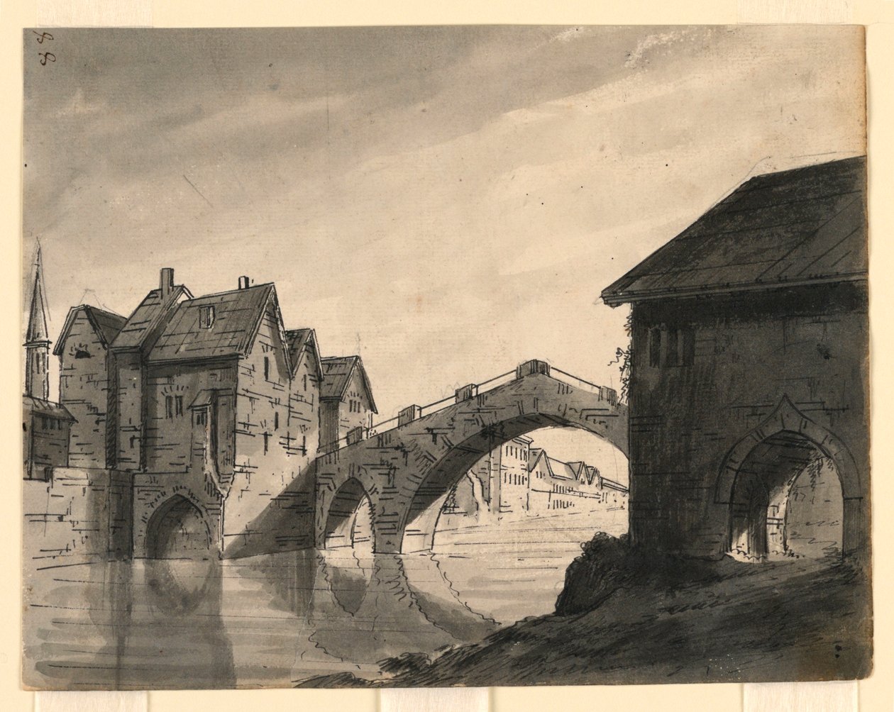 Toneelontwerp, brug over rivier in een stad door Romolo Achille Liverani
