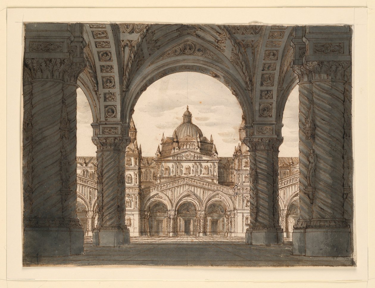 Toneelontwerp, kerkgevel vanuit een loggia, I due Valdomiri door Felice Romani, muziek door Pietro de Winter. Uitgevoerd in La Scala, Milaan, 1818 door Romolo Achille Liverani