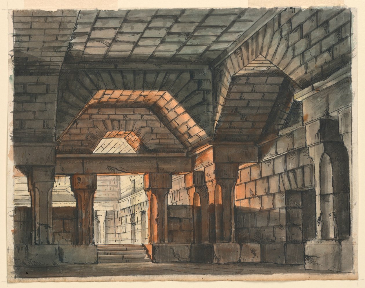 Toneelontwerp, Versterkte Kasteelinterieur voor "Ciro in Babilonia" door Gioachino Rossini, La Scala, Milaan, 1818, "Prigione Sotterranea" door Romolo Achille Liverani