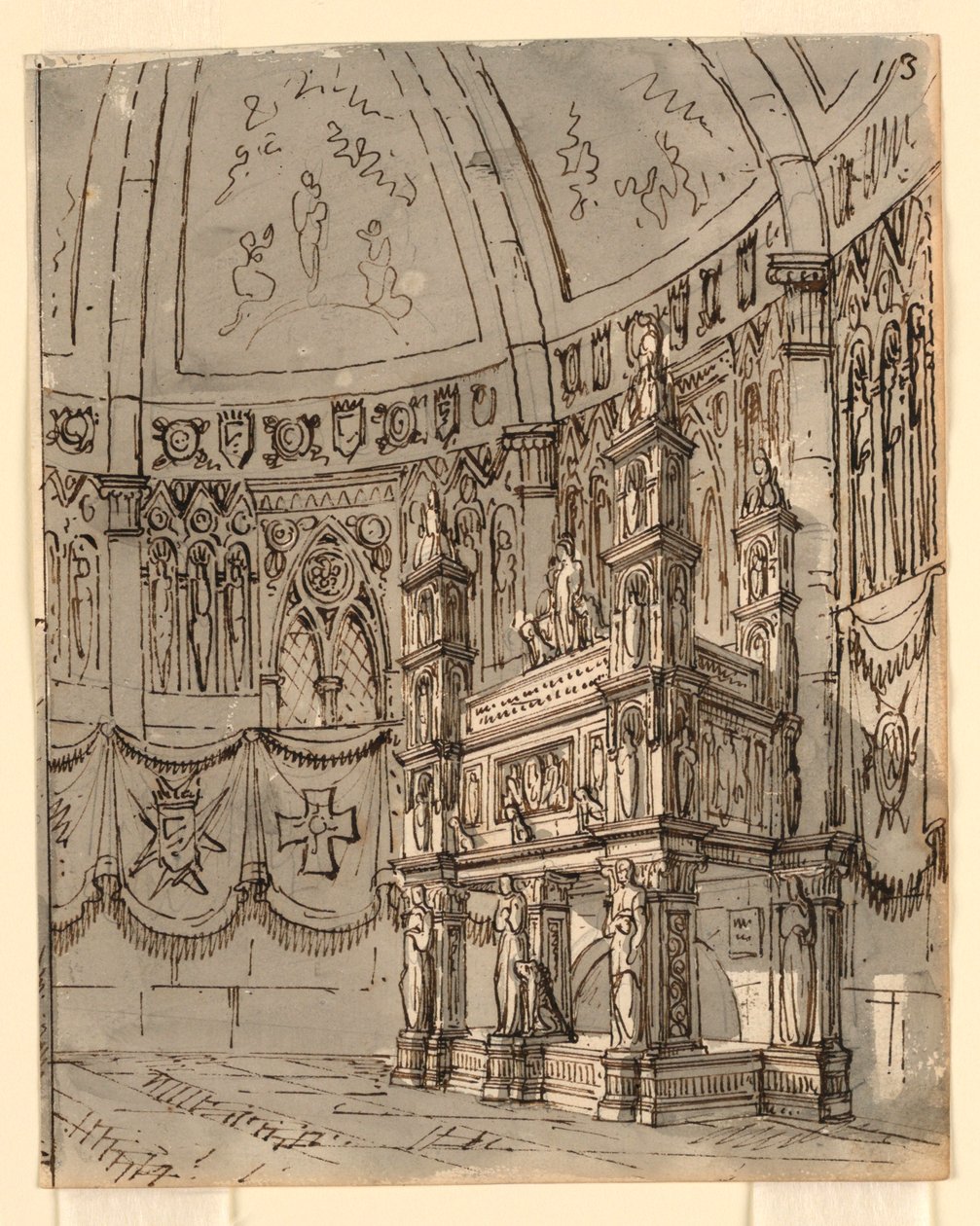 Toneelontwerp, interieur van gotische kerk door Romolo Achille Liverani