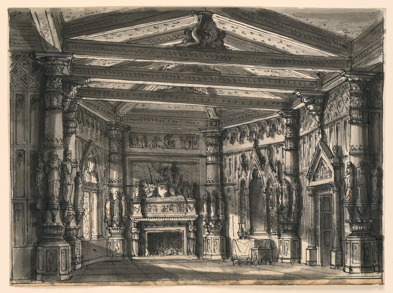 Toneelontwerp, interieur van gotische hal door Romolo Achille Liverani