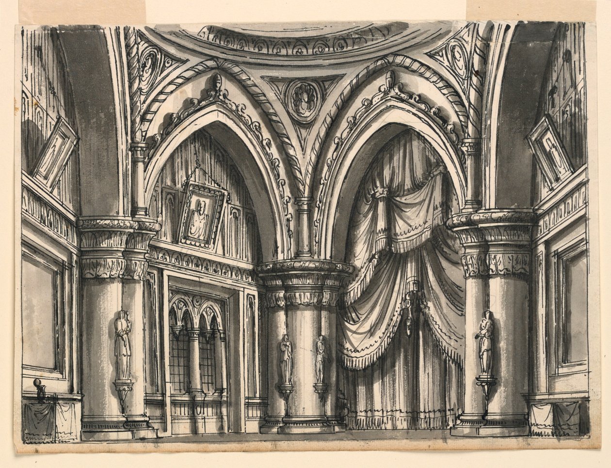 Toneelontwerp, Interieur van Hoge Gotische Hal met Spitsbogen door Romolo Achille Liverani