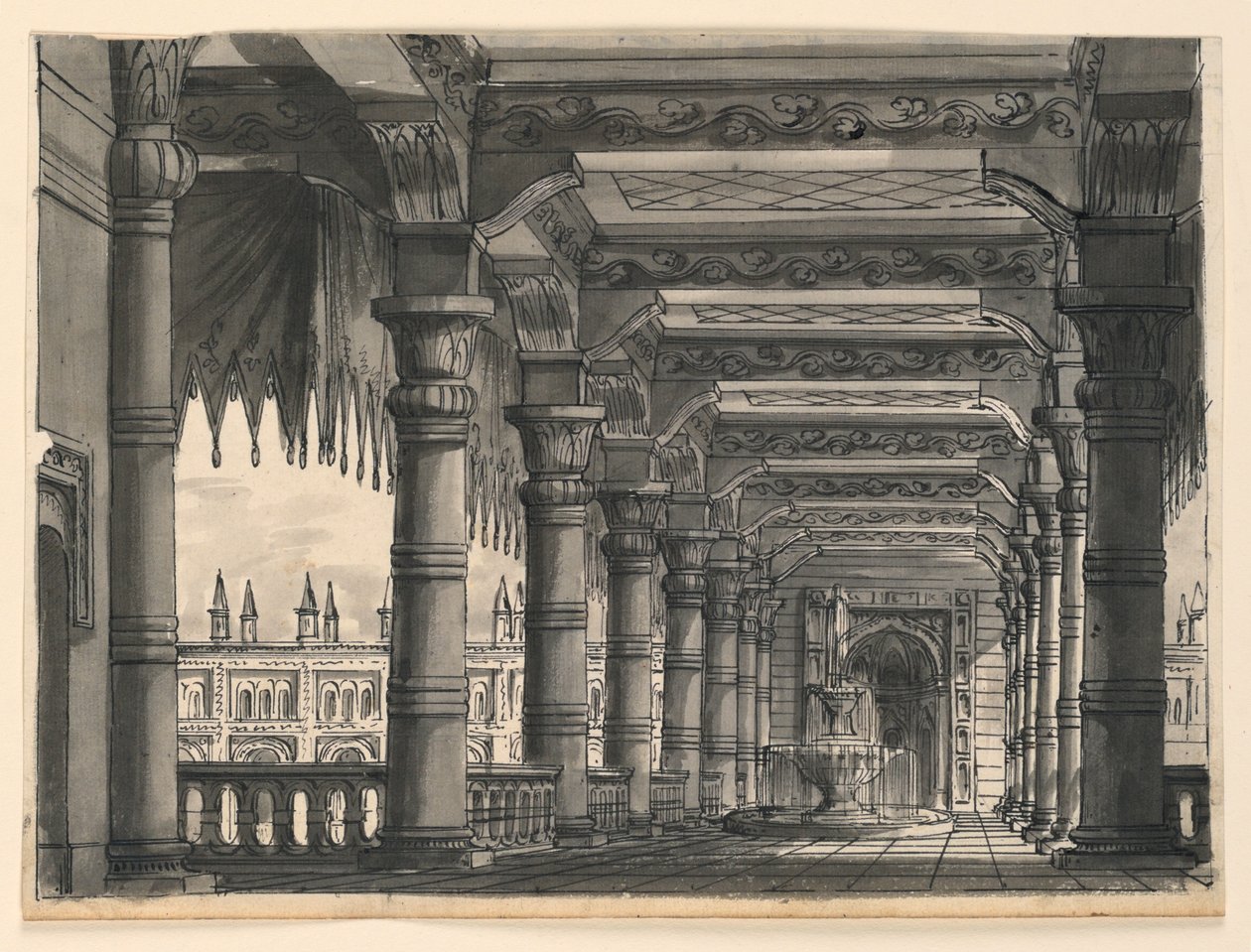 Toneelontwerp, Loggia met Fontein in een Oriëntaals Paleis door Romolo Achille Liverani