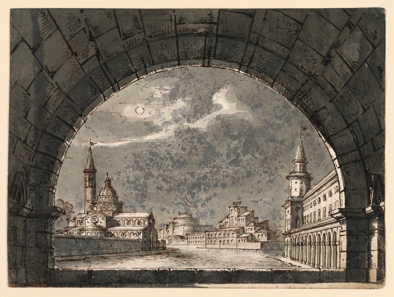 Toneelontwerp voor de opera "La Straniera" door Romolo Achille Liverani