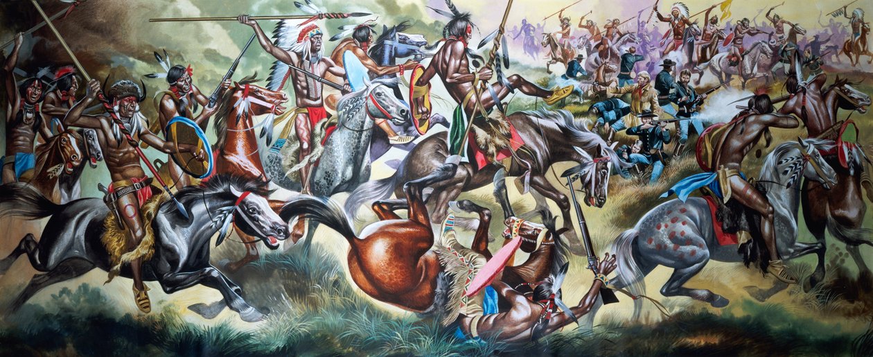 Strijd tussen indianen en soldaten (gouache op papier) door Ron Embleton
