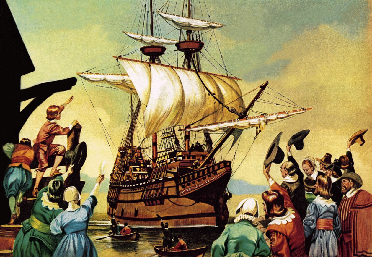 Vertrek van de Pilgrim Fathers naar Amerika (gouache op papier) door Ron Embleton
