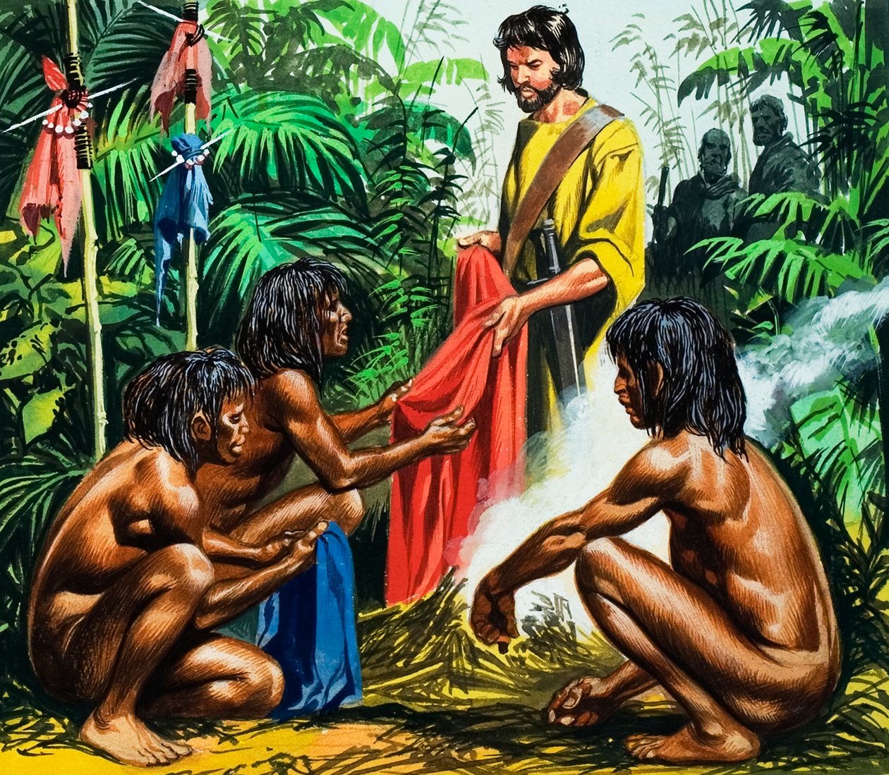 Marco Polo, dreiging van de kannibalen, 20e eeuw (gouache op papier)) door Ron Embleton