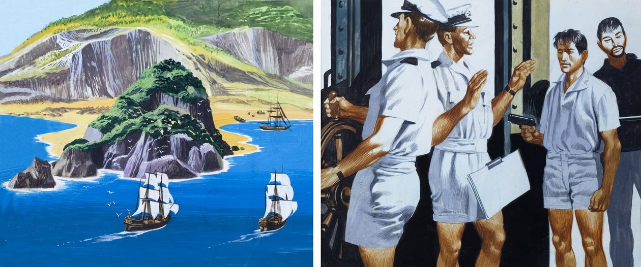 Mannen van de Jolly Roger: De piratenvlaggen vallen (gouache op papier) door Ron Embleton