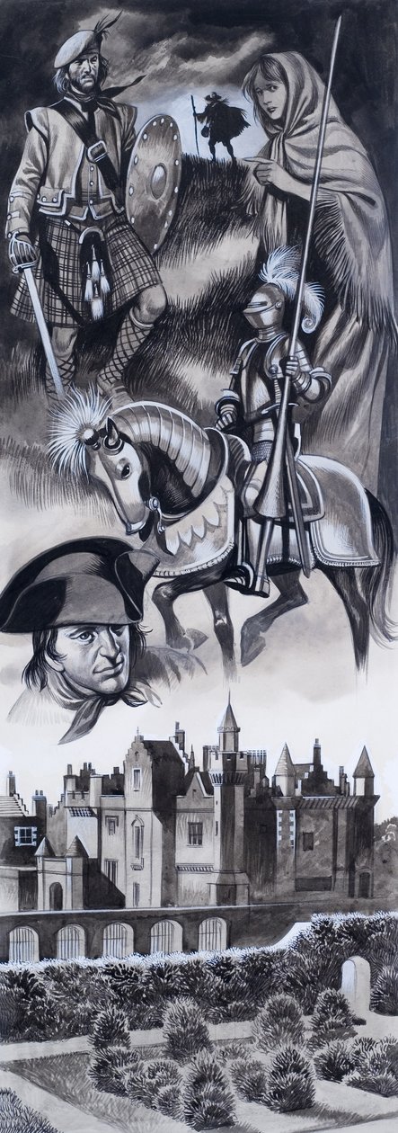 Schots kasteel en persoonlijkheden uit de Schotse geschiedenis (gouache op papier) door Ron Embleton