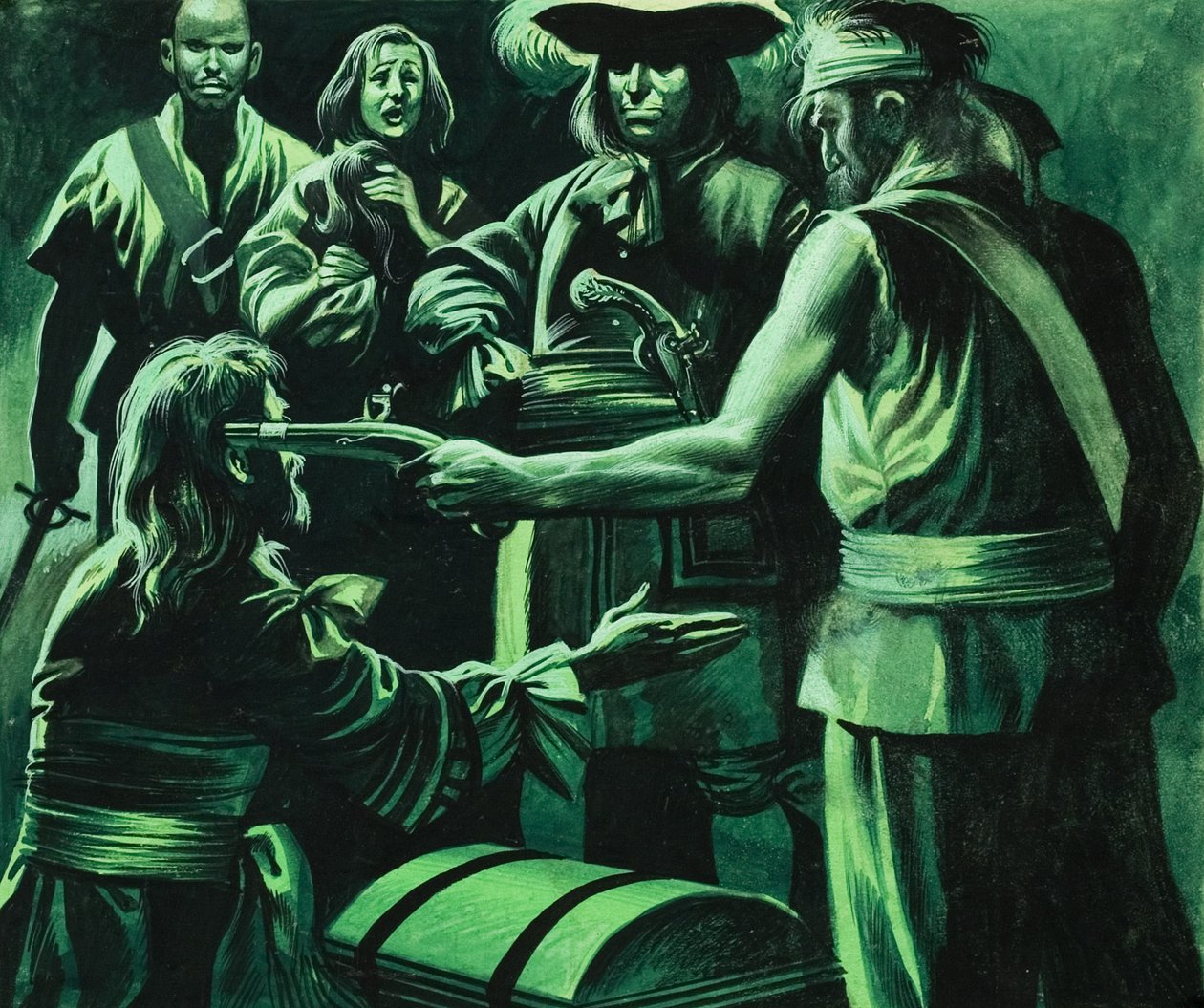 Sir Henry Morgan en schatkist (gouache op papier) door Ron Embleton