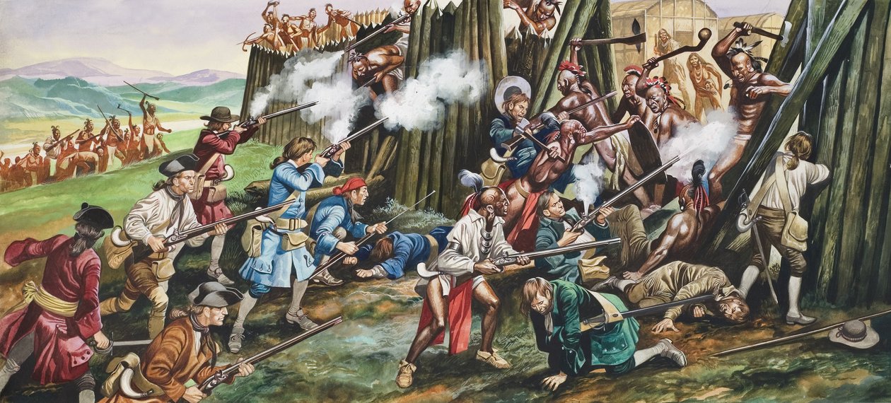 Bestorming van het fort van Neoheroka (gouache op papier) door Ron Embleton