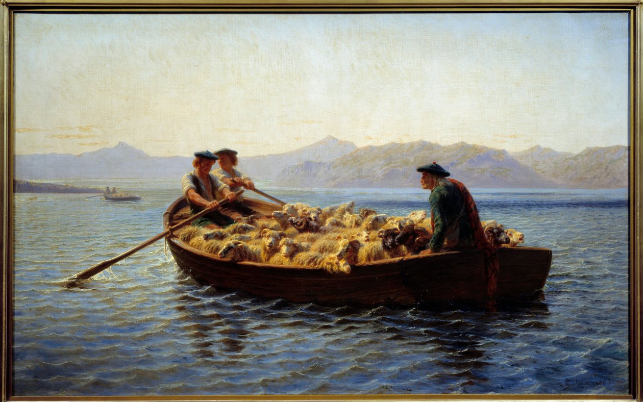 Verandering van grazen. Herders brengen de kudde schapen naar de andere oever. Schilderij door Rosa Bonheur (1822-1899) door Rosa Bonheur