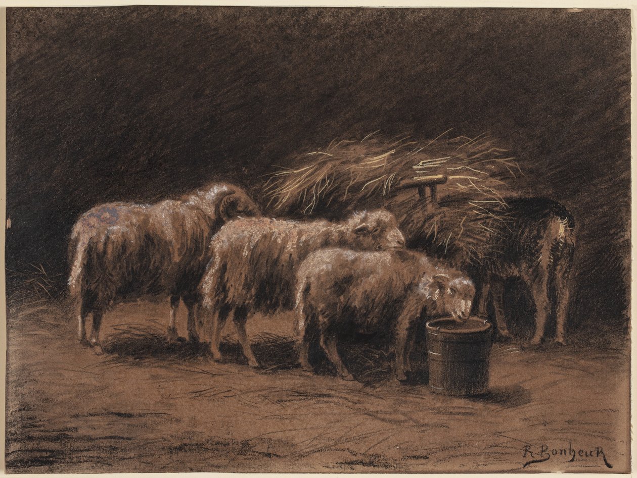 Een paar schapen en een ram in een stal door Rosa Bonheur
