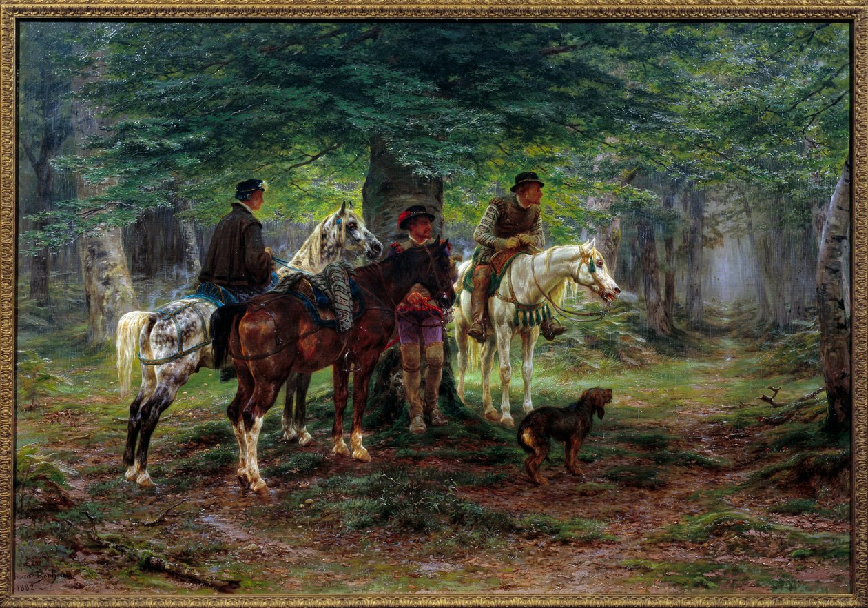 Ruiters verrast door regen (17e eeuw). In een bos schuilen mannen te paard onder een boom wachtend tot de regen stopt. door Rosa Bonheur