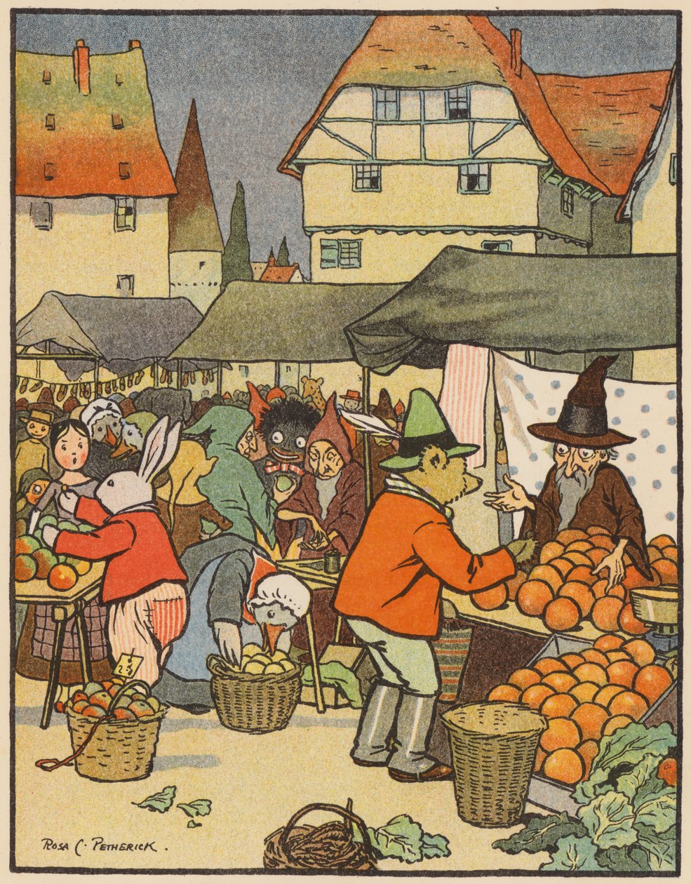 Op de speelmarkt (kleurenlitho) door Rosa Petherick