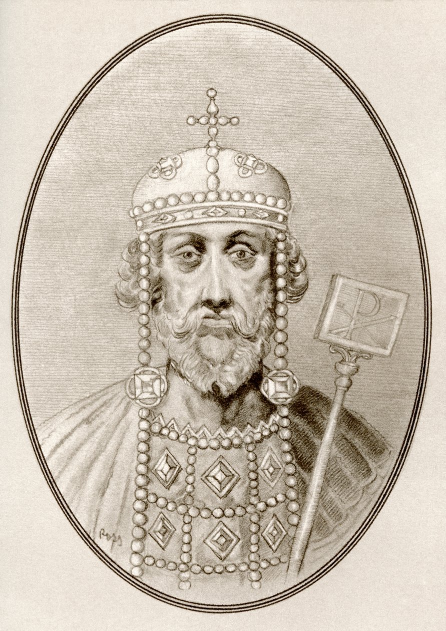 Constantijn de Grote, afbeelding uit Levensbiografieën van beroemde heersers (gravure) door Ross Gordon