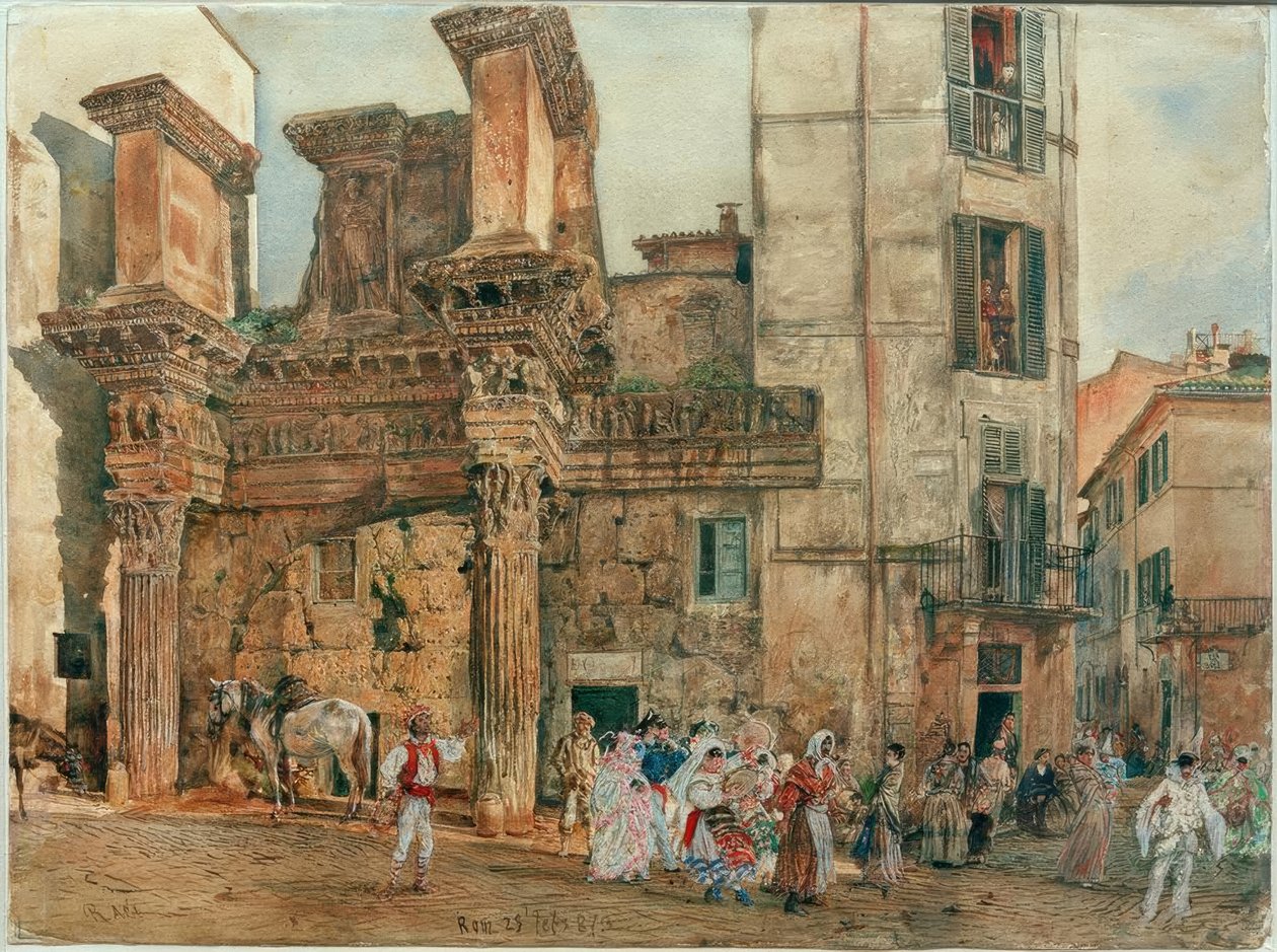 De schijnportiek van het Nervaforum in Rome met carnavalscène door Rudolf von Alt
