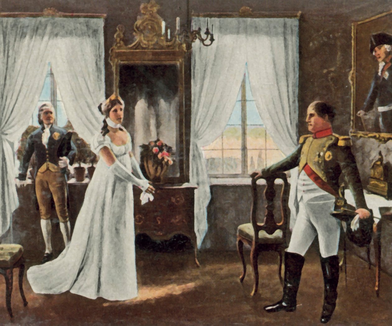 Ontmoeting van koningin Louise met Napoleon I in Tilsit, 6 juli 1807 (kleurenlitho) door Rudolf Eichstaedt