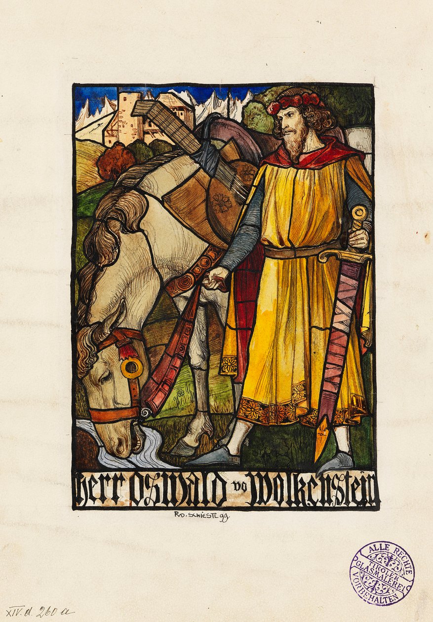 Oswald von Wolkenstein ontwerp voor glas-in-lood door Rudolf Schiestl