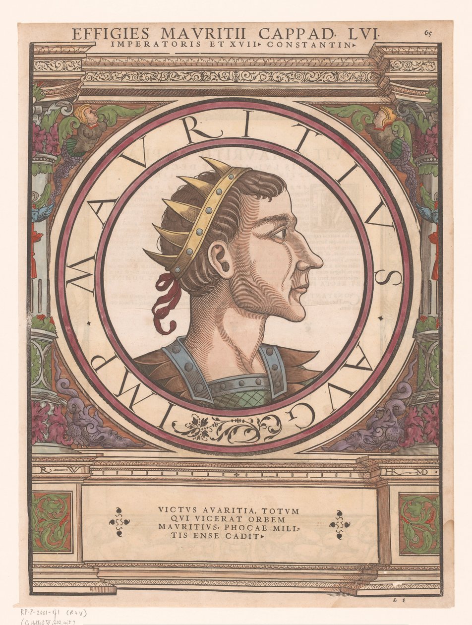 Portret van Mauritius Cappadocius in architectonische omlijsting door Rudolf Wyssenbach