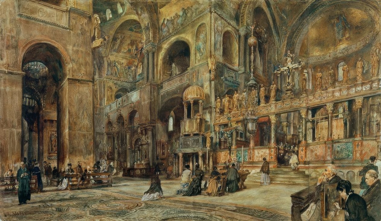 Interieur van de San Marco basiliek in Venetië door Rudolf von Alt