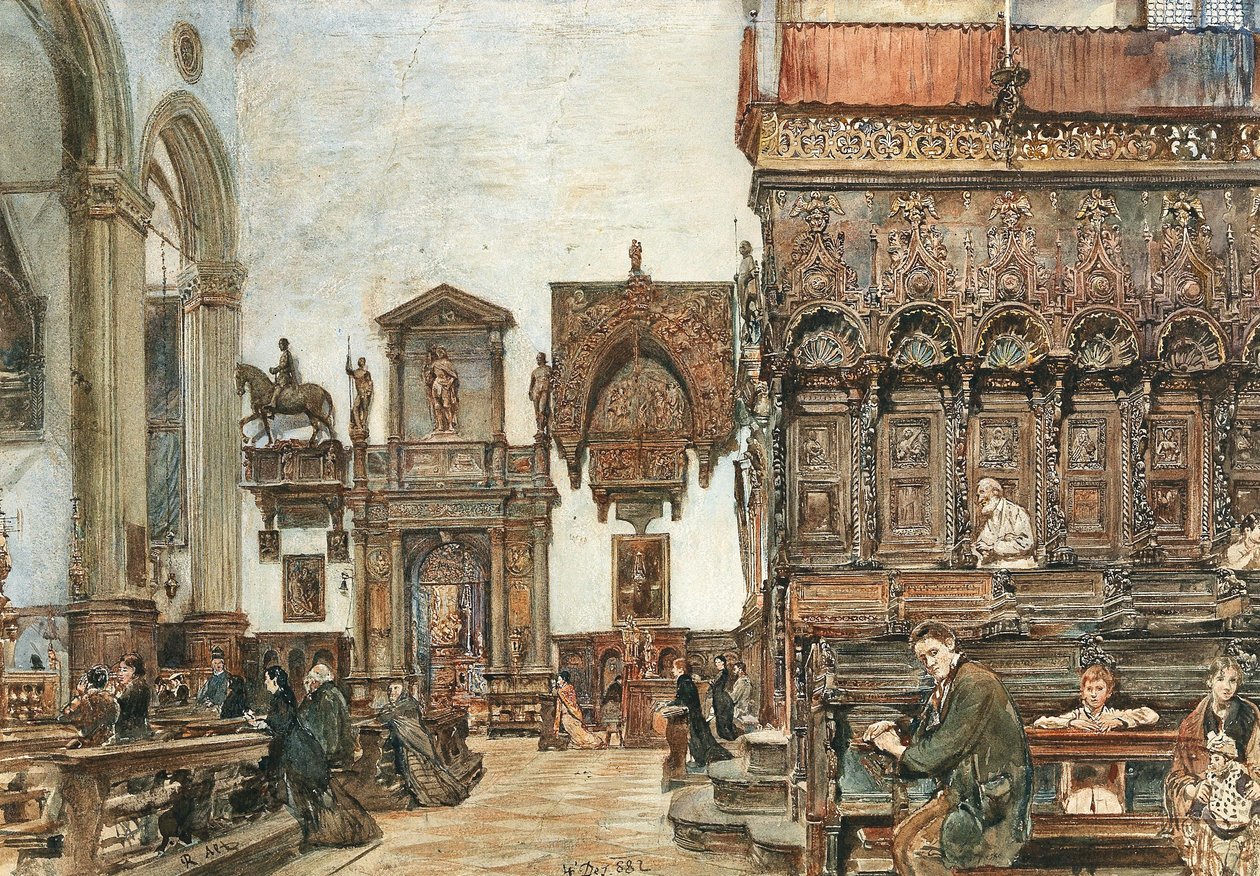 Het interieur van de Basilica di Santa Maria Gloriosa dei Frari in Venetië met gebeden in het koorgestoelte door Rudolf von Alt