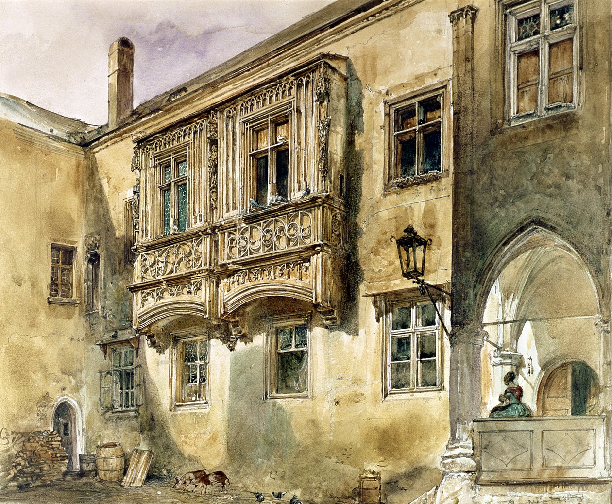 Gotisch balkon in de binnenplaats van de Abdij van Klosterneuburg, ca. 1840 door Rudolf von Alt