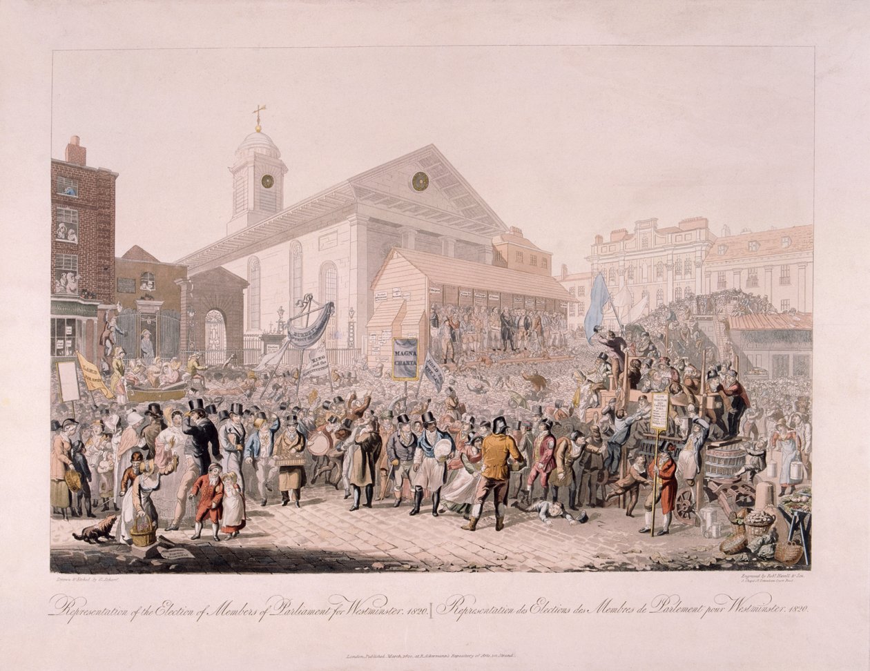 Verkiezing in Covent Garden, Londen, 1818 door Rudolph Ackermann