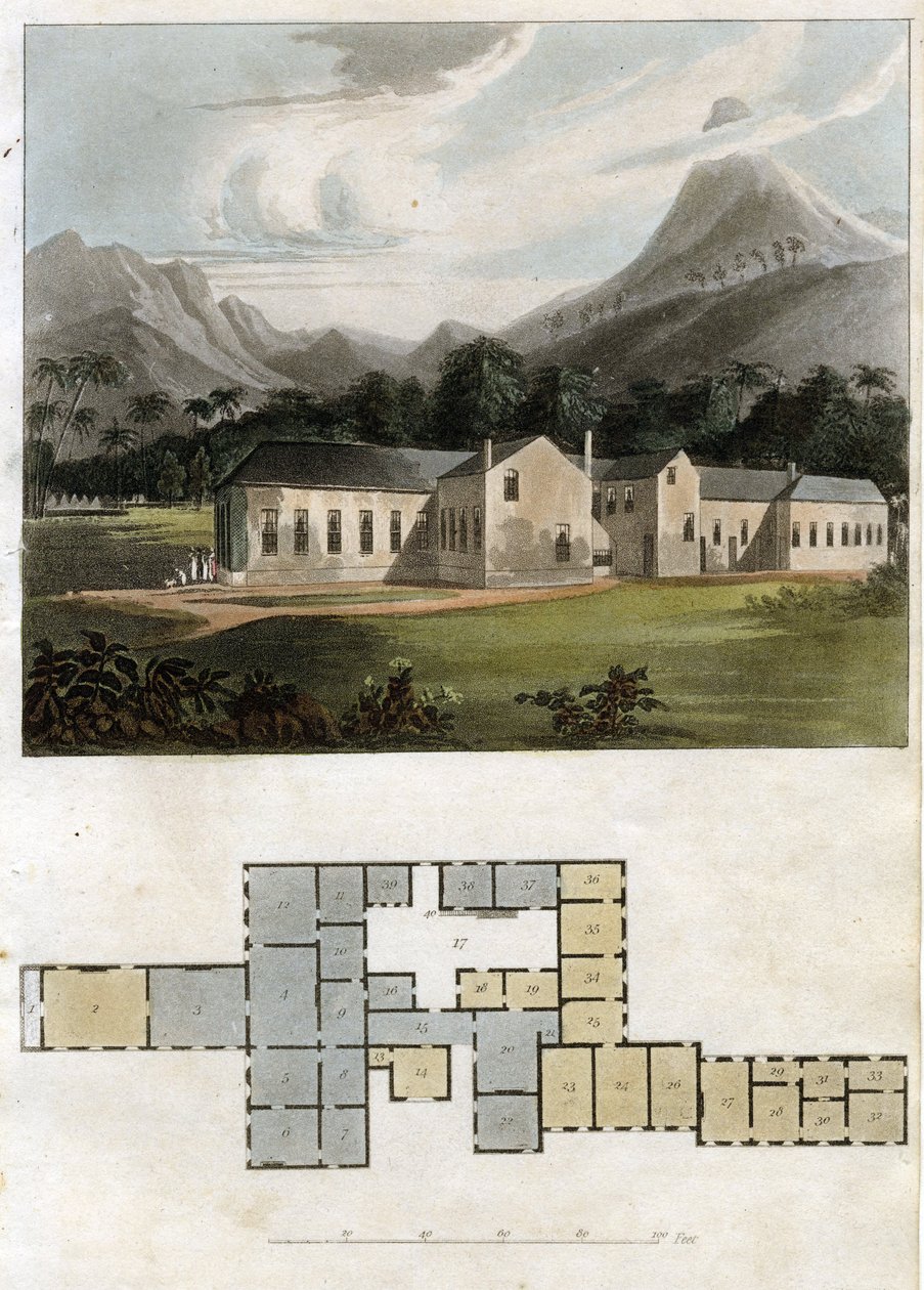 Uitzicht en plattegrond van Longwood House, Sint-Helena: de residentie van Napoleon Bonaparte door Rudolph Ackermann