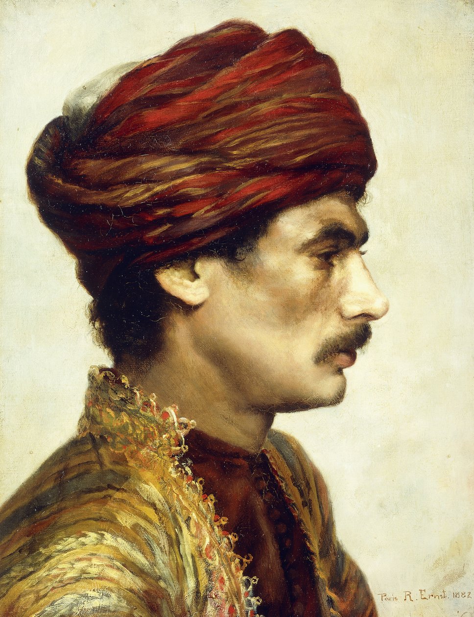 Profielportret van een man met een rode tulband, 1882 door Rudolphe Ernst