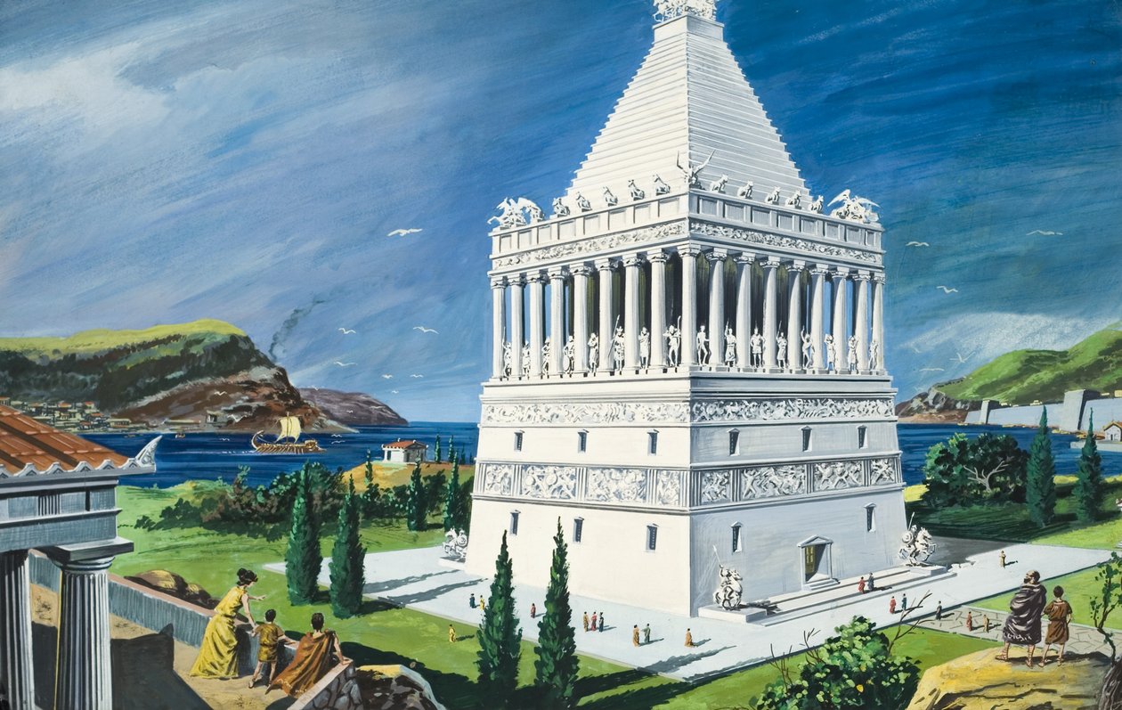 Het Mausoleum in Halicarnassus, voltooid in 353 v.Chr. (gouache op papier) door Ruggero Giovannini