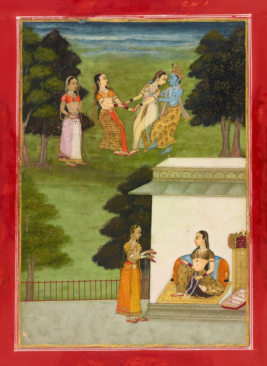 Krishna speelt met de gopis, folio uit een "Rasikpriya", gedateerd 1686 door Ruknuddin Ruknuddin