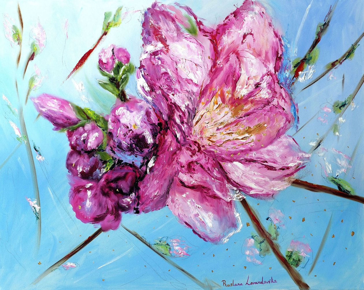 Roze Kersenbloesems, met gouden versiering, 2023 door Ruslana Levandovska