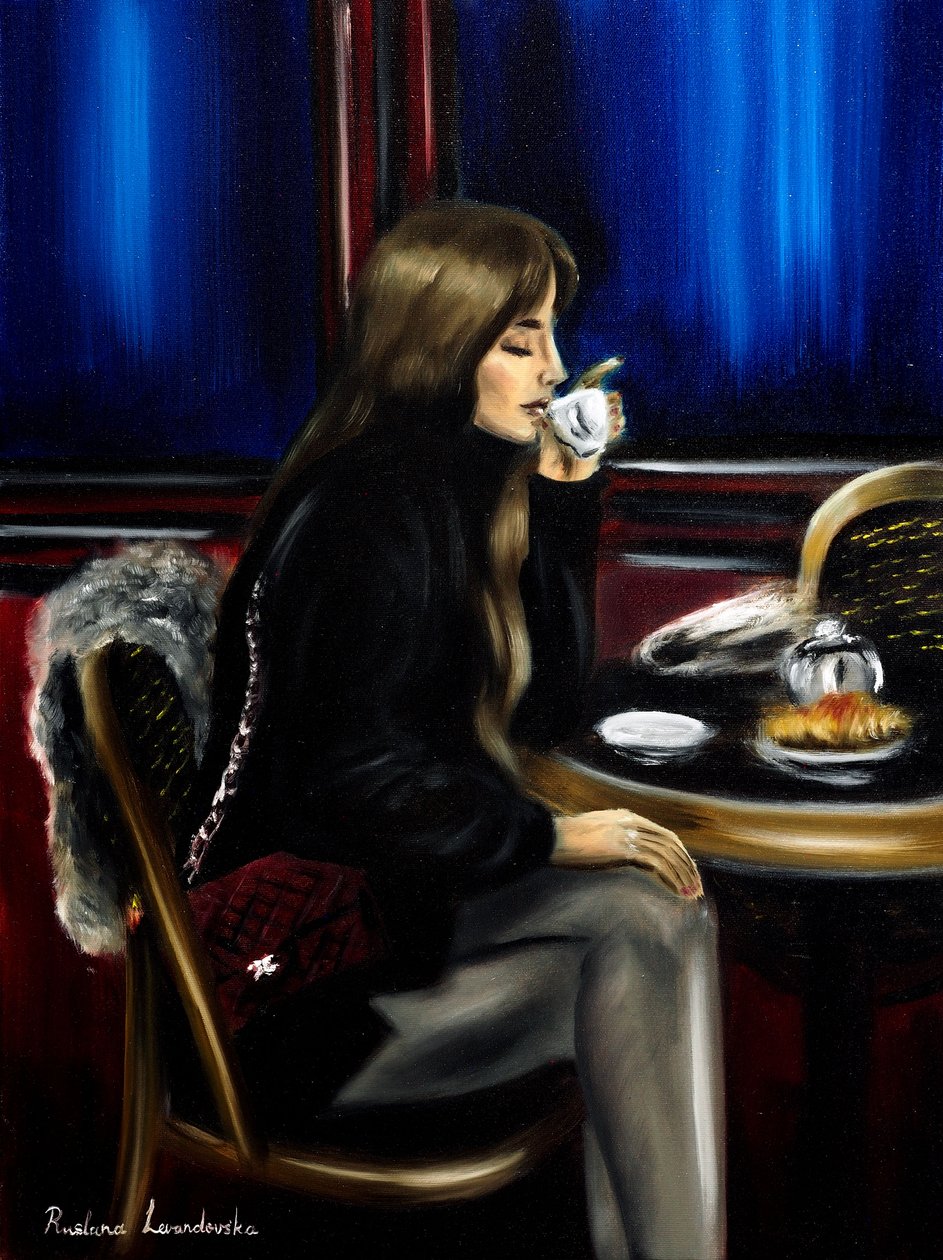Vrouw in een Parijs café II, 2024 (olieverf op doek) door Ruslana Levandovska
