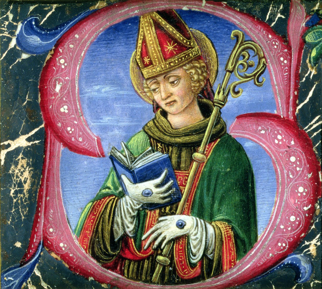 Geïllustreerde initiaal S met een bisschopsheilige, ca. 1470 door Russi Francesco di Giovanni de
