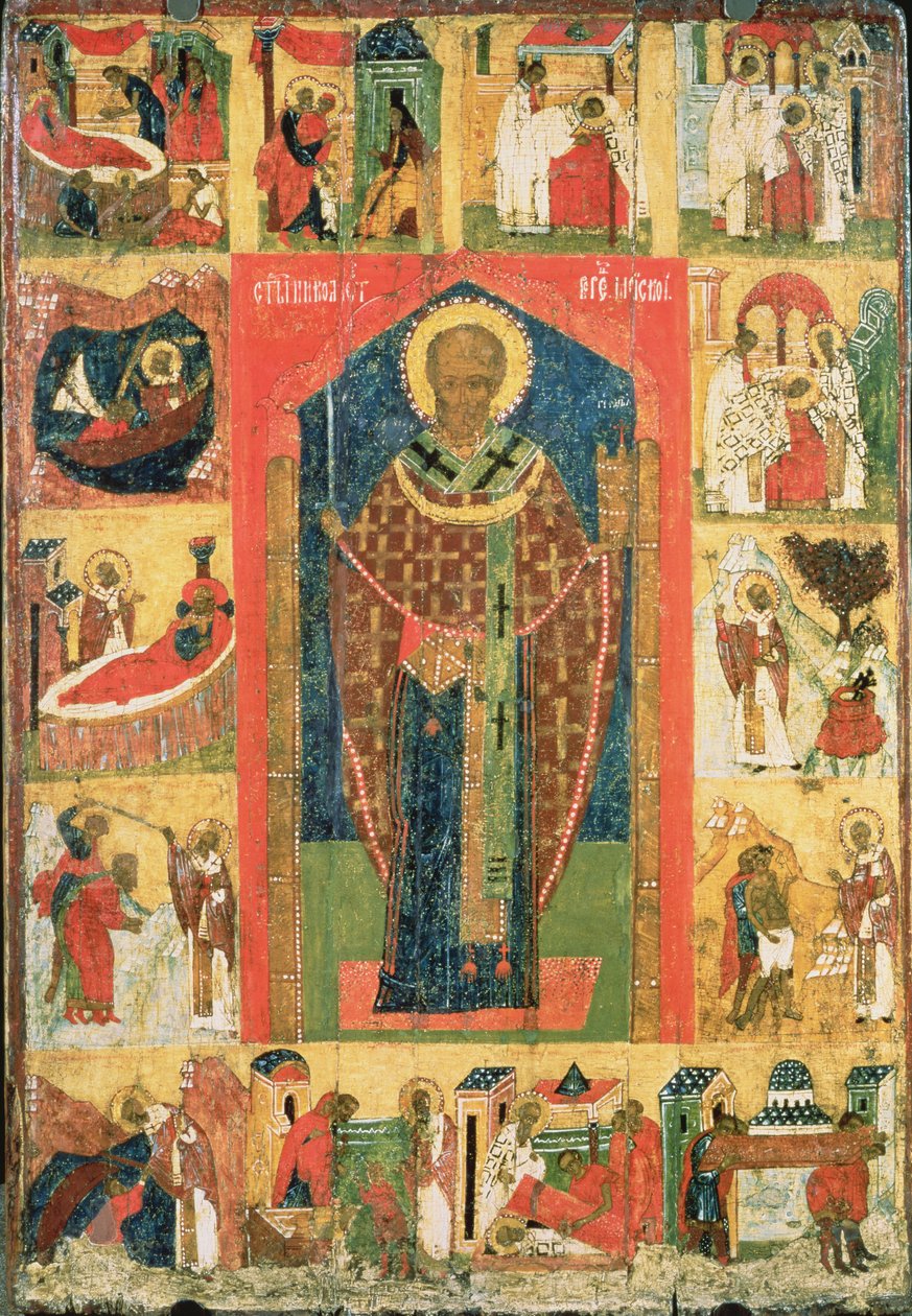 St. Nicolaas van Moshajsk met scènes uit zijn leven door Russian School