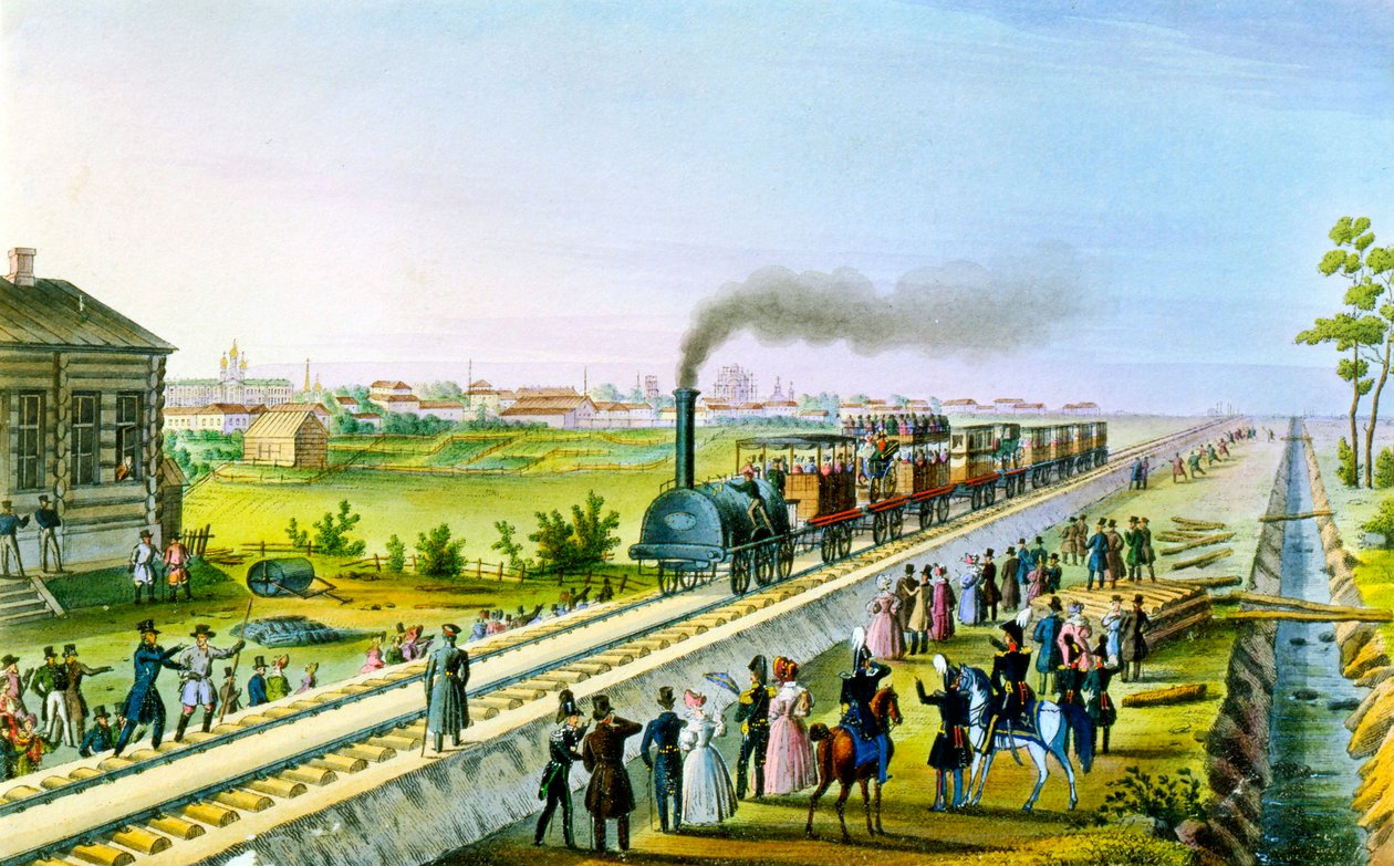 Opening van de eerste spoorlijn van Sint-Petersburg naar Pavlovsk, Rusland, 1830s door Russian Master