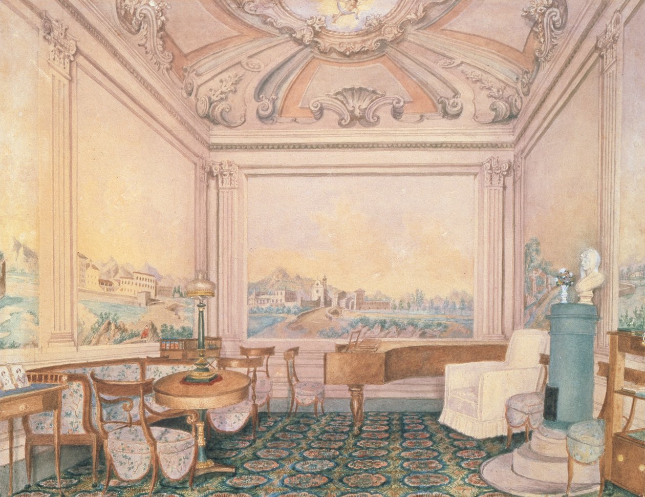 Interieur van de ontvangstruimte in een herenhuis, 1840-50s door Russian School